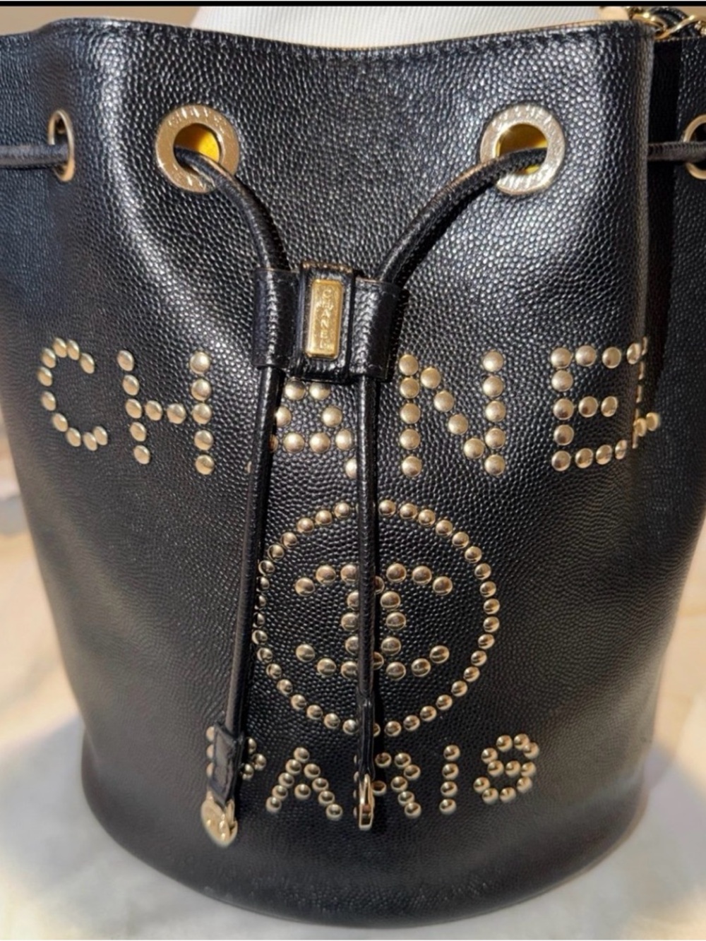 Chanel Bucket classic Black/gold Caviar Leather Crossbody Studded small flap